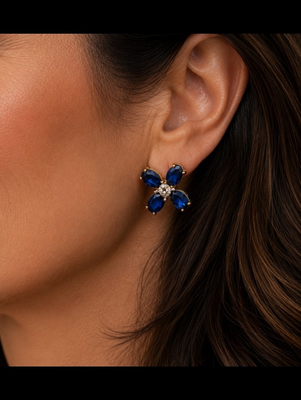 Tory Burch Navy Blue Crystal Flower Stud Earrings with Gold Tone